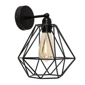 ValueLights Cambourne Industrial Satin Black Pipework Single Wall Light with Basket Cage Black Metal Shade