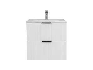 Bathroom Vanity Unit with Sink Basin 600mm Ribbed Textured White Modern Wall Hung Cabinet with Drawers Adel