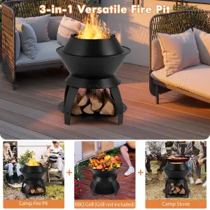 Costway 50cm Patio Fire Pit Metal Camping Fire Bowl w/ Pot Holder & Storage Shelf