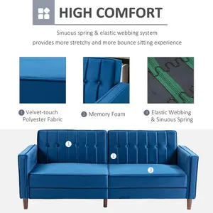 HOMCOM Convertible Sofa Futon Velvet-Touch Tufted Couch Sofa Bed Blue