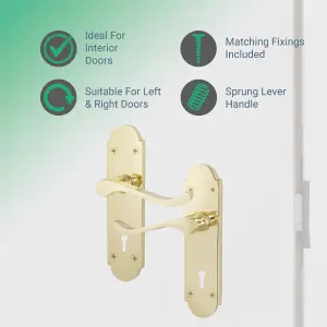 AFIT Polished Brass Door Handle Key Lock Set - Victorian Scroll - 1 Pair of Internal Door Handles, Hinges 76mm, Sash Lock 64mm