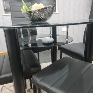 Round Glass Black Kitchen Dining Table With Storage Shelf And 4 Black Metal Chairs Set