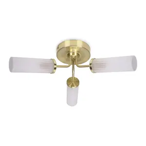 ValueLights Canya Brushed Gold 3 Way Bathroom Ceiling Light Reeded Glass Shade