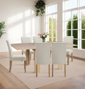 Hallowood Furniture Newquay Oak Flip Top Extending Table with 6 Upholstered Chairs in Beige Fabric