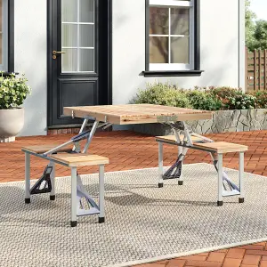 Garden Solid Wood Foldable Table Benches Set 4 Seats for Outdoor with Parasol Hole