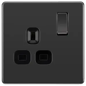 GoodHome Nickel effect Single 13A Gloss Black Socket 2 poles