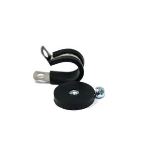 31mm dia x 6mm high Rubber Coated Cable Holding Magnet With 16mm Rubber Clamp (Black) - 5.7kg Pull (Pack of 1)