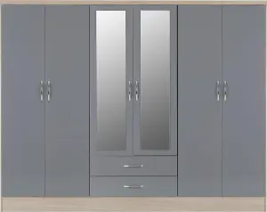 Nevada 6 Door 2 Drawer Mirrored Wardrobe in Grey Gloss and Oak Effect Finish