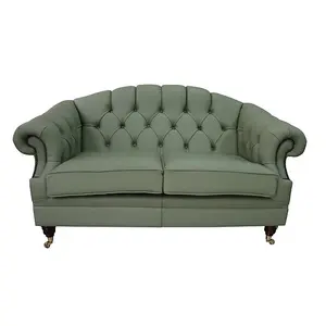 Chesterfield 2 Seater Pea Green Leather Sofa Settee Custom Made In Victoria Style