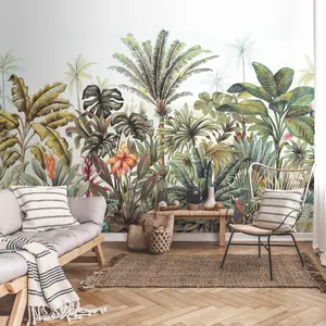 Grandeco Hayley Jungle Palm Trees 7 Lane Textured Mural,  2.8 x 3.71m, Green