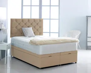 4FT Small Single Beige Linen Velvet Foot Lift Ottoman Bed With Headboard & Mattress