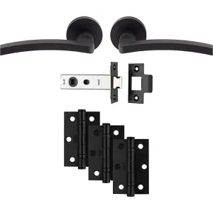 Premium Door Handle & Latch Pack - Matt Black Slim Curved Lever Round Rose