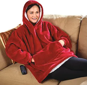 Red Huggle Hoodie - Warm Soft Fleece Lined Oversized Hooded Blanket with Pockets - Machine Washable, One Size Fits All