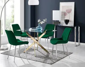 Furniturebox UK Leonardo 4 Gold Dining Table and 4 Green Pesaro Silver Leg Chairs