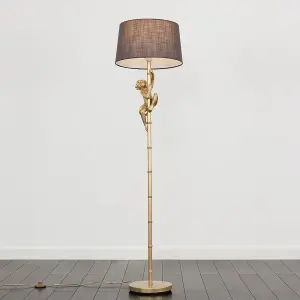 ValueLights Modern Gold Hanging Monkey Design Floor Lamp With Grey Tapered Shade - Includes 6w LED Bulb 3000K Warm White