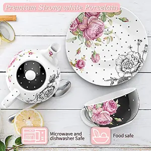 London Boutique Tea for One Teapot Teacup Saucer Set Afternoon Tea Set for 1 New Bone China (Black)