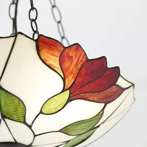 Tiffany Glass 3 Ceiling Light Pendant - Modern Floral Design - Dark Bronze Finish