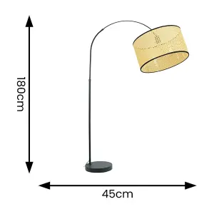 ValueLights Louis Black Arched Curved Floor Lamp with Natural Cane Drum Lamp Shade and LED Bulb