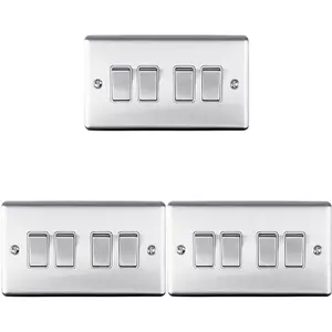 3 PACK 4 Gang Quad Metal Light Switch SATIN STEEL 2 Way 10A White Trim