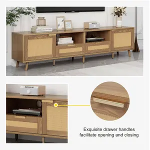 Modern Rattan and Oak Wood TV Stand TV Cabinet Console Table with Storage and Drawers Living Room Furniture