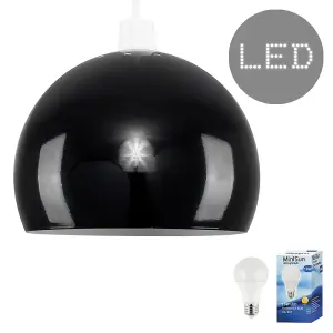 ValueLights Arco Gloss Black Dome Ceiling Pendant Shade and E27 GLS LED 10W Warm White 3000K Bulb