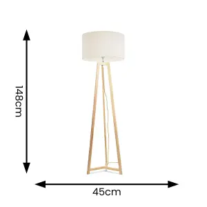 ValueLights Lottie Natural Wood Tripod Floor Lamp with Cream Boucle Drum Shade