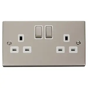 Pearl Nickel 2 Gang 13A DP Ingot Twin Double Switched Plug Socket - White Trim - SE Home