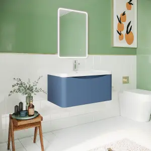 Wall Hung 1 Drawer Vanity Basin Unit with Polymarble Basin, 800mm - Satin Blue