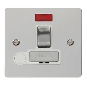 Flat Plate Polished Chrome 13A Fused Ingot Connection Unit Switched With Neon With Flex - White Trim - SE Home