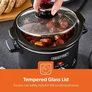 Geepas 1.5 Litre Slow Cooker 3 Temperature Settings, Removable Easy-Clean Ceramic Bowl Tempered Glass Lid & Cool Touch Handles