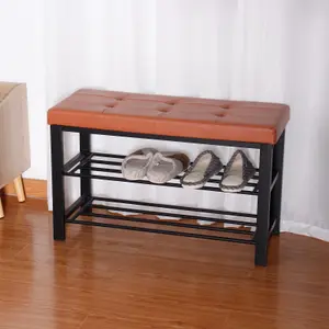 Tan 3 Tier Faux Leather Tufted Cushioned Shoe Rack Seating Bench Hallway Storage Organiser Stand