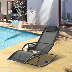 Black Rocking Sun Lounger Mesh Fabric with Headrest, Armrests And Storage for Ultimate Relaxation