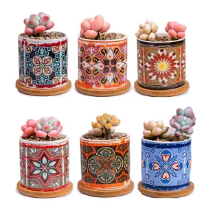 simpa 6PC Retro Pattern Ceramic Plant Pots with Bamboo Base