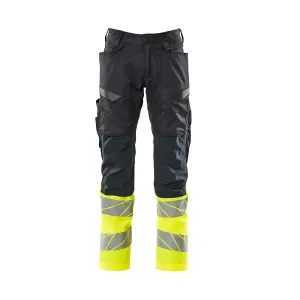 Mascot Accelerate Safe Trousers with Kneepad Pockets - Dark Navy/Hi-Vis Yellow   (30.5) (Leg Length - Long)