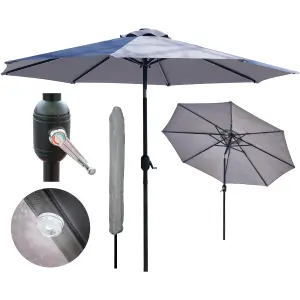 GlamHaus Garden Parasol Solar LED 2.7M ,Tilting Table Umbrella with Crank Handle, Protection UV40, Includes Parasol Cover- Grey