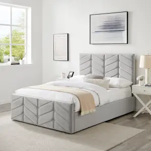 Mateo Light Grey Plush Velvet Fabric Bed Frame With Ottoman Storage