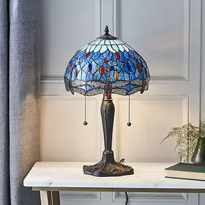 Luminosa Dragonfly 2 Light Small Table Lamp Dark Bronze, Blue, Tiffany Style Glass, E27