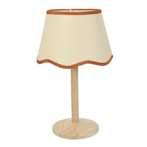 ValueLights Triston Natural Light Wood Stem Table Lamp with Scallop Rust Trim Tapered Lamp Shade and LED Bulb