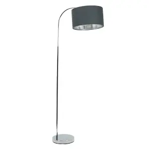 ValueLights Curva Chrome Arched Floor Lamp with Charcoal and Metallic Chrome Inner Drum Lamp Shade & Bulb