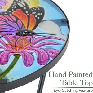 Folding Glass Table Garden Outdoor Patio Decoration Painted Round Top Christow Butterfly