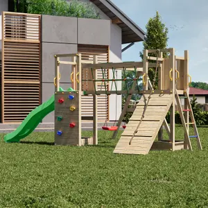 Shire Fun Wooden Climbing Frame with Twin Towers with Bridge, Double Swing and Slide