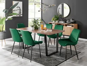 Furniturebox Kylo Brown Rectangular Wood Effect Dining Table & 6 Green Velvet Pesaro Black Leg Chairs