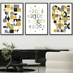 Set of 3 Mid Century Graphical Grey Yellow Wall Art Prints / 50x70cm / Black Frame