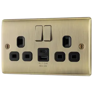 BG Antique Brass Double 13A 12W Raised slim Switched Screwed Socket with USB, x2 & Black inserts