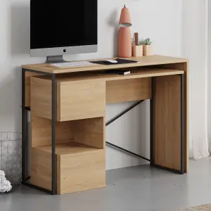 Decortie Modern Badau L-Shaped Computer Desk Oak Black Metal Legs 3 Adjustable Storage Shelf Extra Table 110cm(W) Work PC Office