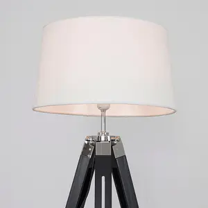 ValueLights Clipper Modern Black Wood and Silver Chrome Tripod Floor Lamp with White Tapered Shade