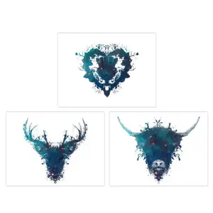 Ink Splat Thistle Heart Hairy Coo Cow Stag Celestial Space Scottish - 3 Piece No Frame Print Set 40.5cm H x 30.5cm W x 0.3cm D