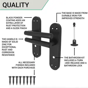 AFIT Black Door Handles Bathroom Kit - 64mm Lock & 76mm Hinges T-Bar Door Handle on Backplate 175x42mm Bathroom Kit Matt Black