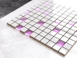 Ceramic mosaic with glass inserts on mesh for bathroom or kitchen 300mm x 300mm - Pink violet