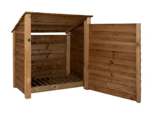 Wooden log store (roof sloping back) with door W-119cm, H-126cm, D-88cm - brown finish